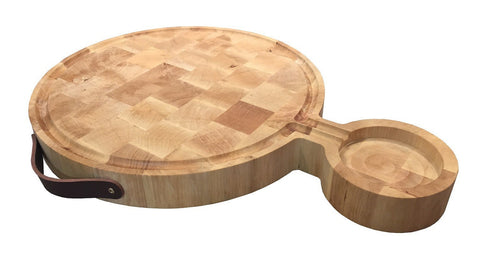 Wooden board with end charm, juice trough and leather slat handle