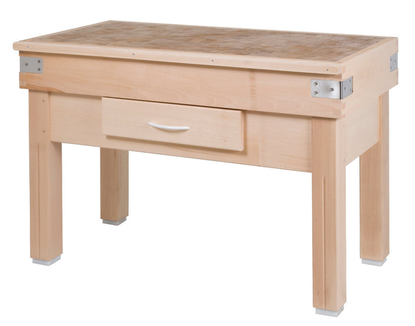 Non-reversible butcher block on stand with drawer, end grain wood charm