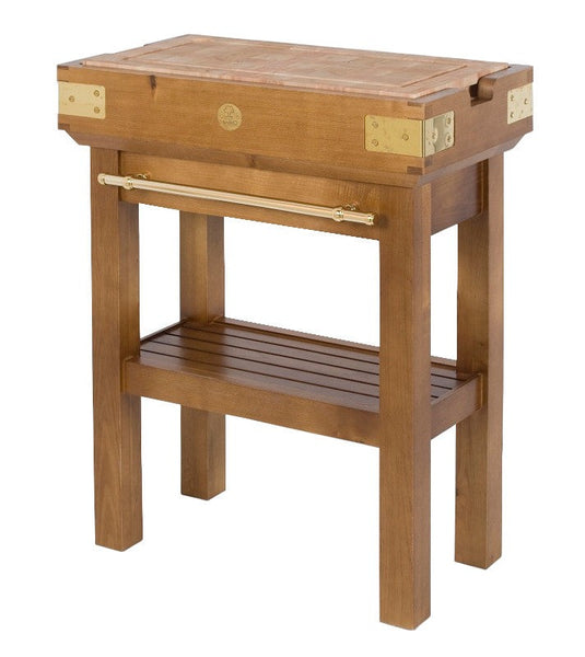 Billot console avec un étage de rangement, barre porte torchon, planche amovible en bois de bout et piétement en chêne moyen teinté