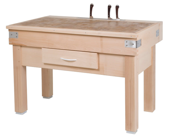 Non-reversible butcher block with drawer and knife holder, end grain wood charm