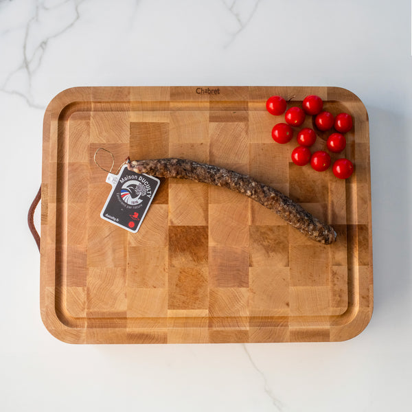 End wooden cutting board with leather handle