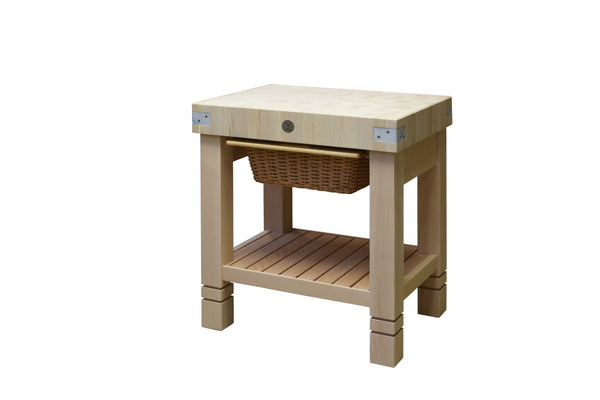 Charming country-style butcher block with beech wood base, storage tray and wicker drawer