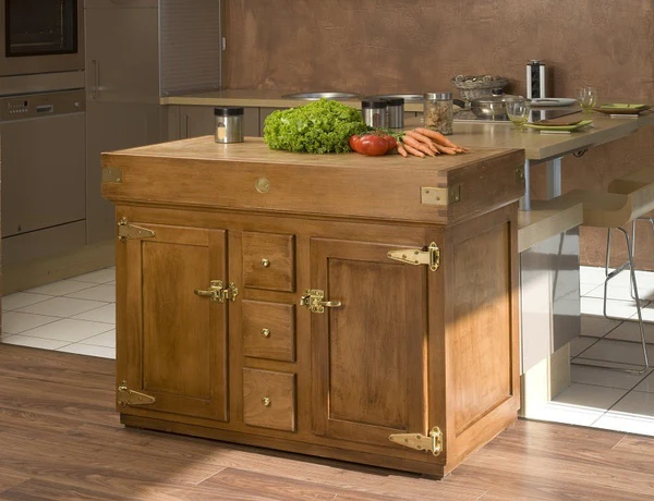 Golden oak stained butcher block with brass hardware, in situ