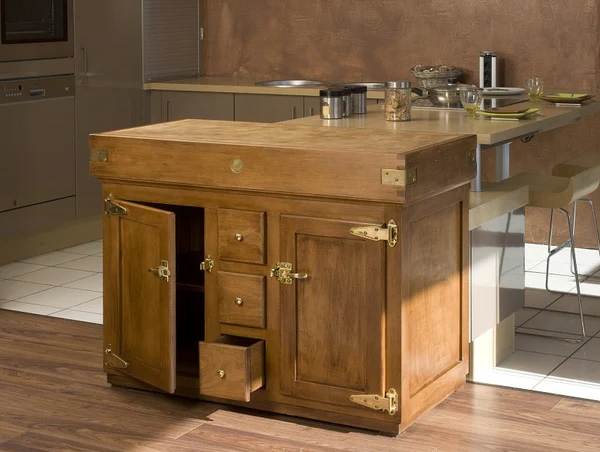 Golden oak stained butcher block with brass hardware, in situ