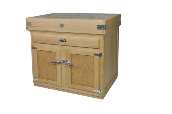 Natural varnished oak butcher block with stainless steel hardware, 2 doors and 1 drawer