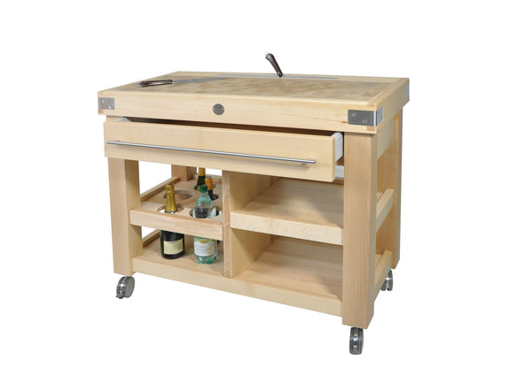 Multifunctional sideboard in beech on wheels with cloth holder bar, drawer, knife holder and storage space