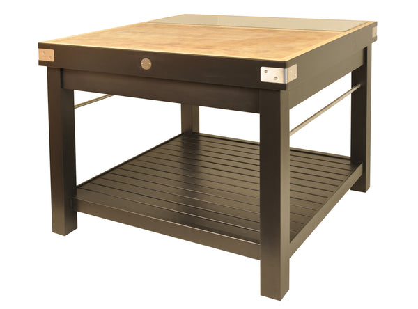 Island butcher block with black lacquered base, slate and stainless steel accessories