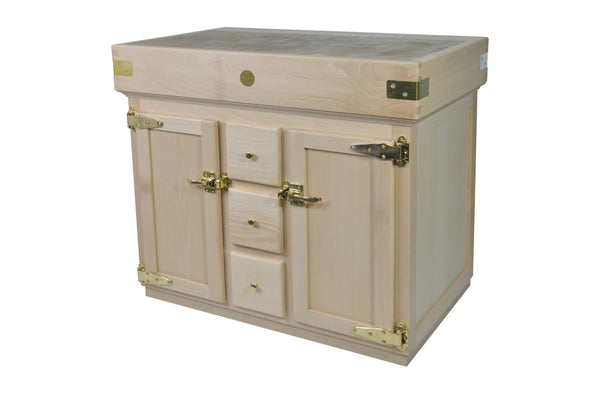 Natural varnished oak butcher block with stainless steel hardware, 3 drawers and 2 doors 