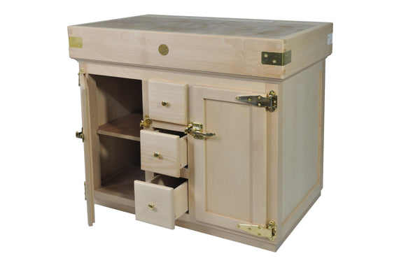 Natural varnished oak butcher block with stainless steel hardware, 3 drawers and 2 doors 