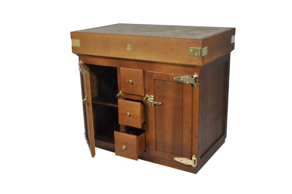 Stained beech wood, golden oak with brass hardware, 3 drawers and 2 doors 
