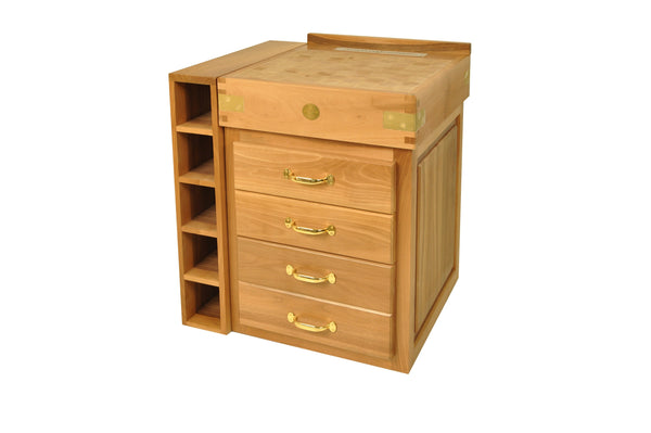 The Billot Drawer with additional storage, varnished oak cabinet, brackets and brass drawer handles