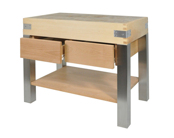 Chopping block with 2 open drawers, stainless steel tube base