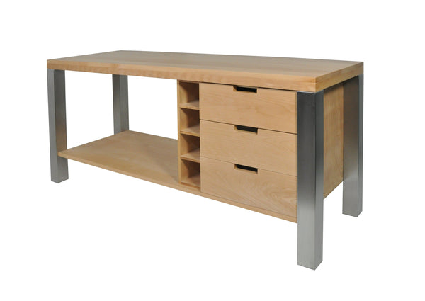 Stainless steel butcher's block with 3 drawers and 4 storage spaces, stainless steel tube base 