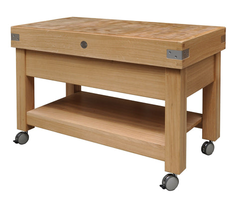 Solid French oak base on casters with low solid shelf, 120 cm X 60 cm X 90 cm