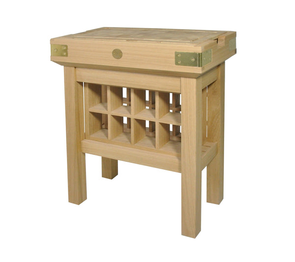 Console table with bottle storage and removable wooden end board, natural oak frame