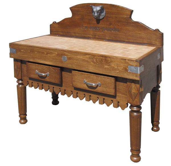 Antique butcher's block stained golden oak with 2 drawers, 2 knife rests, backsplash and ox head