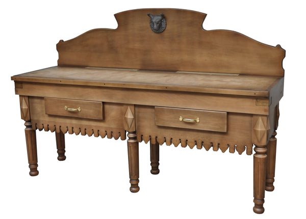 Oak stained Antique Billots with 6 legs, with 2 drawers, 2 knife holders, backsplash and ox head