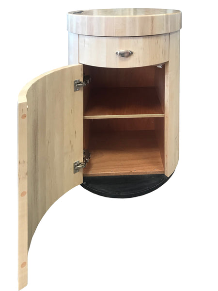Round butcher block with door, drawer and knife slot