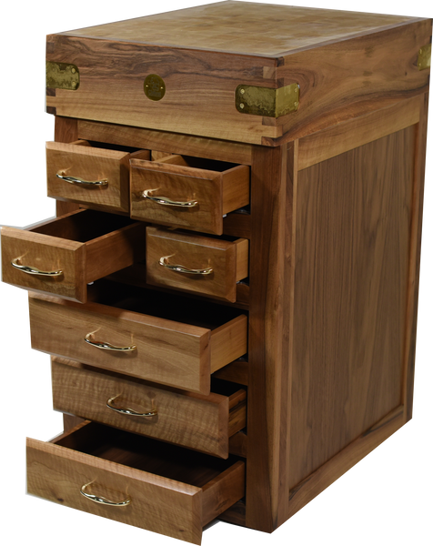 The log drawer with 7 drawers, walnut cabinet and brass hardware
