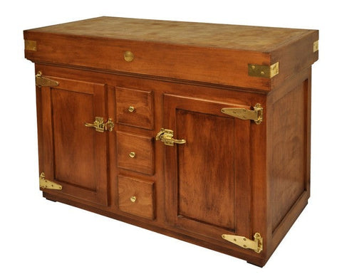 Stained beech, golden oak and hand-waxed butcher block with brass hardware, 3 drawers and 2 doors 