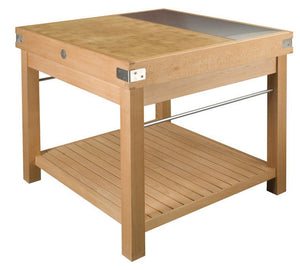 Island butcher block with natural varnished beech wood base, slate and stainless steel accessories