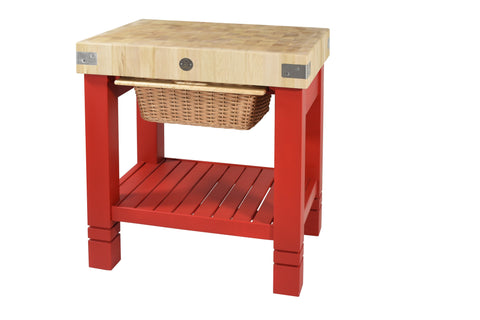 Charming country-style butcher block with lacquered beech legs, storage tray and wicker drawer
