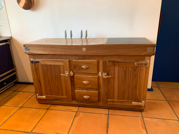 Walnut butcher block with knife holder, slate and brass brackets