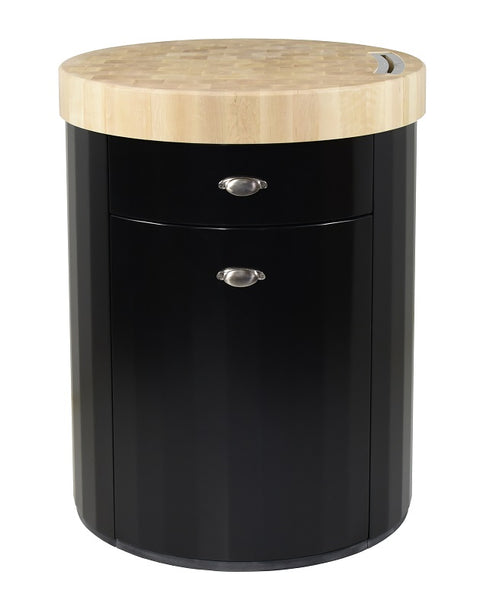 Round butcher block with door, drawer and black lacquered knife slot
