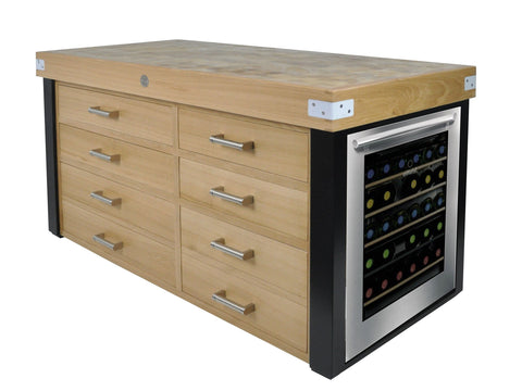 Solid walnut cabinet with black lacquered legs and 8 drawers and wine bottle storage space