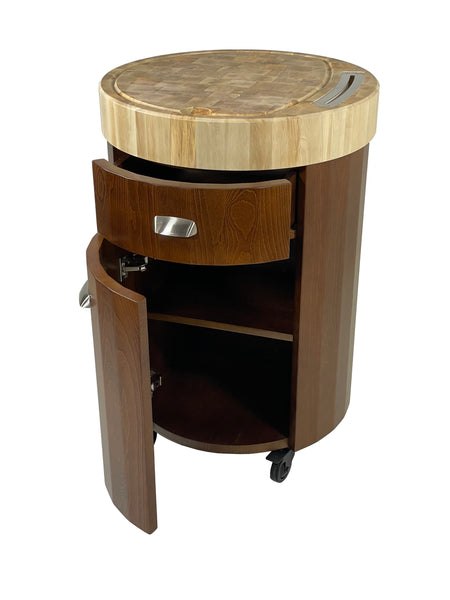 Round butcher block on wheels, Medium Oak finish with drawer, door and knife slot