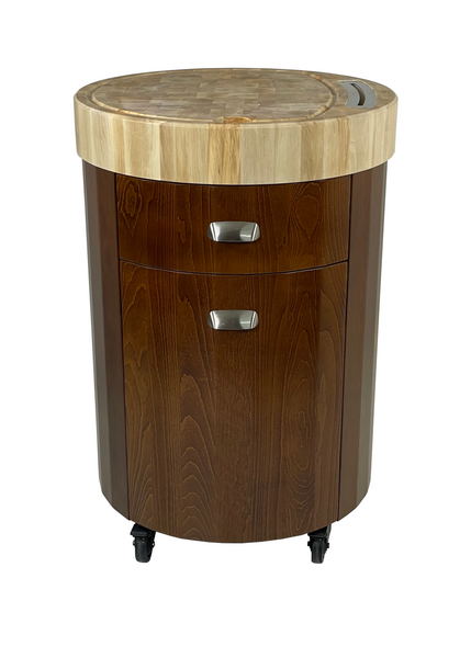 Round butcher block on wheels, Medium Oak finish with door, drawer and knife slot