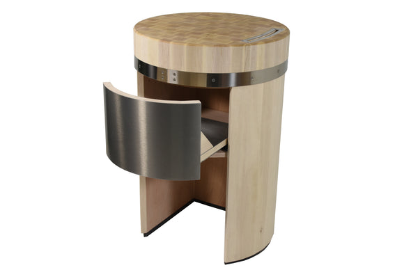 Round butcher block on foot in charm with paper box and knife slot