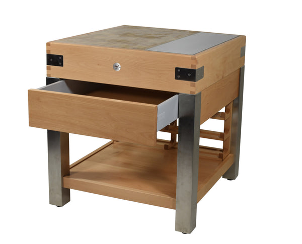 Stainless steel butcher's block with shelves for wine bottles and drawer. Stainless steel tube base