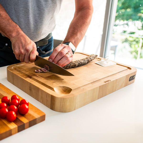 Planche à découper en bois de bout avec poignée en cuir